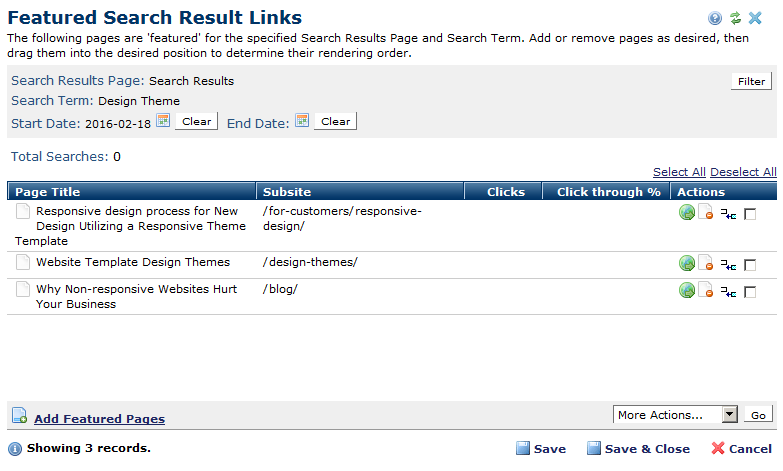Featured Search Results Links dialog