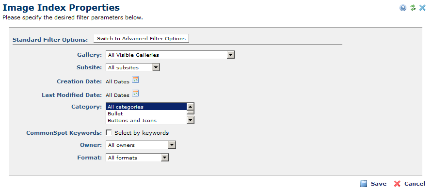 Image Index Properties - Standard Filter Criteria
