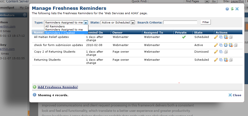 Manage Freshness Reminders - Filters