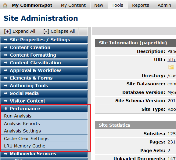 Site Admin Cache Options
