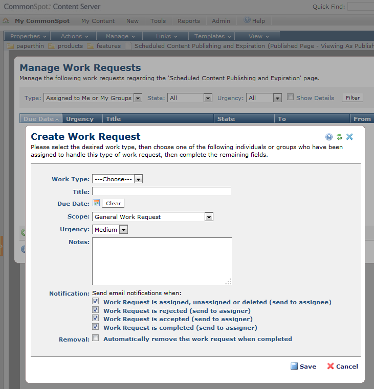 Create Work Request - Manage