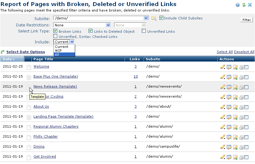 Report of Pages with Broken Links