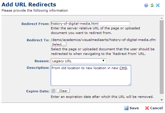 Add URL Redirect Dialog