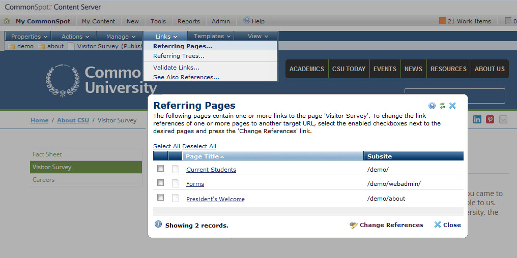 Referring Pages Dialog