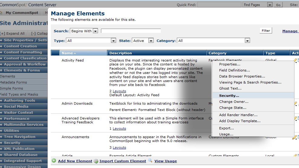 Manage Elements - Security