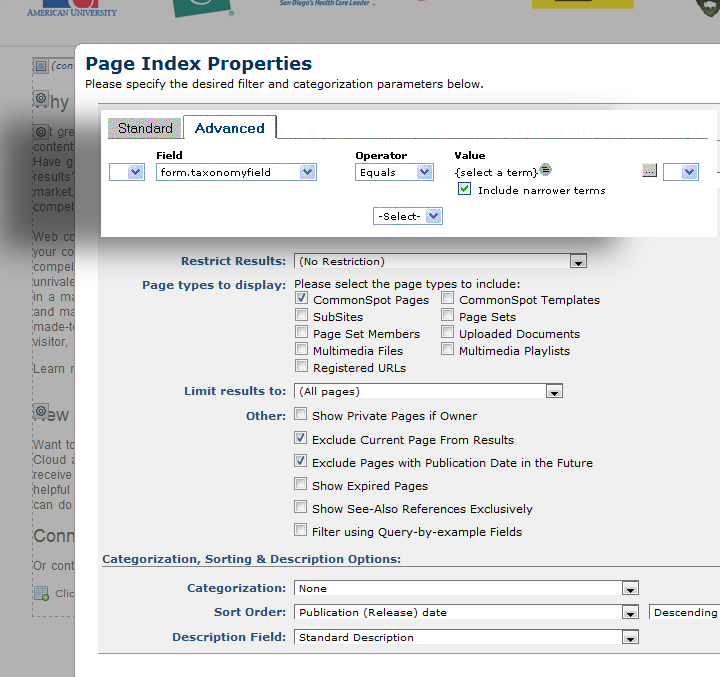 Page Index Properties - Taxonomy Term Filter