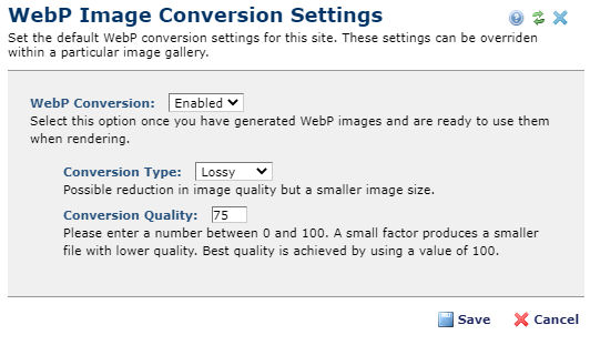 WebP Image Conversion Settings dialog